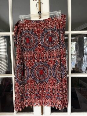 Sundance Red and Navy A-Line Skirt with Decorative Medallion Print